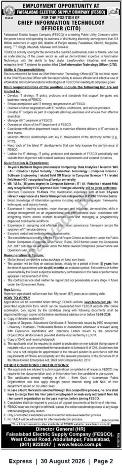 Newspaper clipping: FESCO Seeks Chief Information Technology Officer (CITO) — Faisalabad (Senior IT Leadership, Contract), Express, 30 Aug 2026