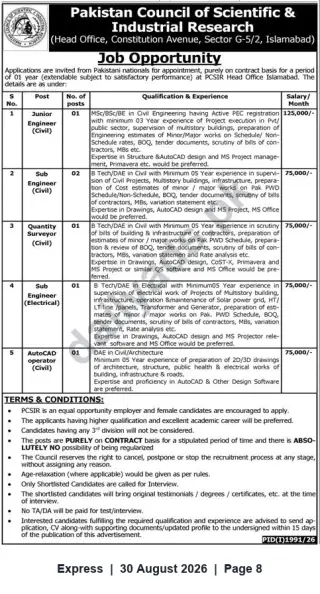 Newspaper clipping: PCSIR Islamabad Jobs – Engineers, Quantity Surveyor & AutoCAD Operator (Contract), Express, 30 Aug 2026