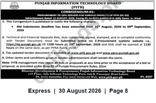 Newspaper clipping: PITB Corrigendum: Tender Deadline Extended for Procurement of GPU Servers and IT Projects (DC-02), Express, 30 Aug 2026