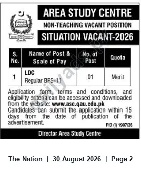 Newspaper clipping: Area Study Centre — LDC (BPS-11) Vacancy (1 Post) — Apply via asc.qau.edu.pk, The Nation, 30 Aug 2026