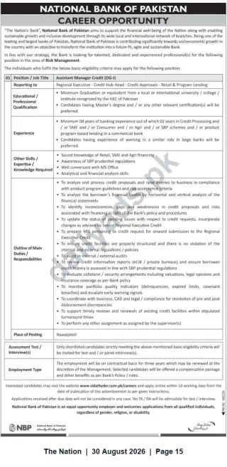 Newspaper clipping: Assistant Manager Credit (OG‑I) – National Bank of Pakistan (Rawalpindi), The Nation, 30 Aug 2026