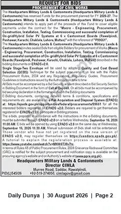 Newspaper clipping: HQ Military Lands & Cantonments Tender: On‑grid/Hybrid Solar PV Systems (Ref P91661), Dunya, 30 Aug 2026