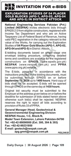 Newspaper clipping: NESPAK e-Bids: Exploration Studies for 4 Placer Gold Blocks in Attock, Dunya, 30 Aug 2026