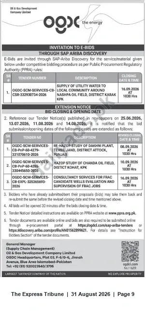 Newspaper clipping: OGDCL E-Bid: Supply of Utility Water to Nashpa Oil Field (Karak) — Closing 2026-09-16, The Express Tribune, 31 Aug 2026
