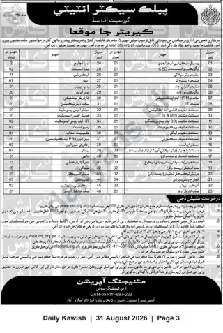 Newspaper clipping: Government of Sindh – Recruitment Notice (Multiple Posts) via OTS (Serials 1–46), Daily Kawish, 31 Aug 2026
