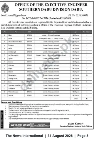 Newspaper clipping: Office of Executive Engineer Southern Dadu Division – Recruitment Notice (51 Vacancies), The News International, 31 Aug 2026