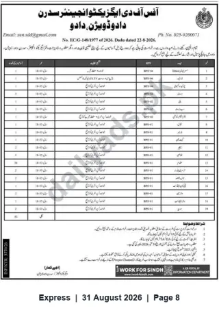 Newspaper clipping: Office of Executive Engineer Dadu — Recruitment Notice for 31 Support Staff Positions (BPS 01–07), Express, 31 Aug 2026