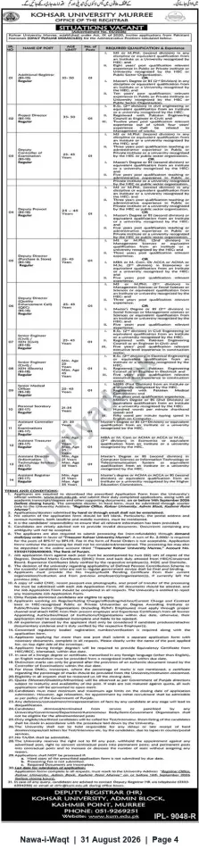 Newspaper clipping: Kohsar University Murree – Multiple Administrative & Technical Vacancies (Punjab Domicile), Nawa-i-Waqt, 31 Aug 2026