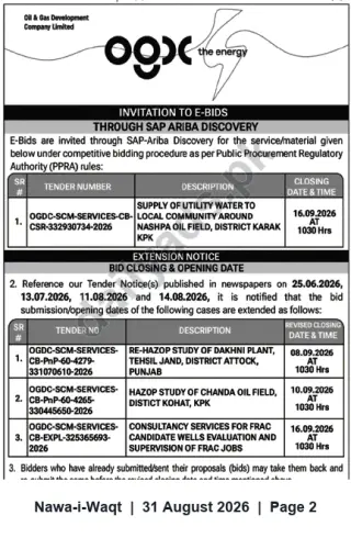 Newspaper clipping: OGDCL Invitation to E‑Bids — Utility Water Supply, HAZOP Studies & Frac Consultancy, Nawa-i-Waqt, 31 Aug 2026