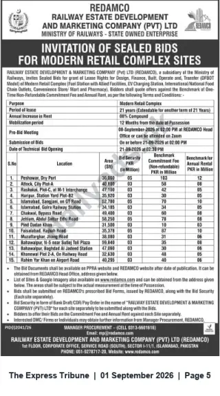 Newspaper clipping: REDAMCO Invitation for Sealed Bids — Lease of Modern Retail Complex Sites (Multiple Locations), The Express Tribune, 01 Sep 2026