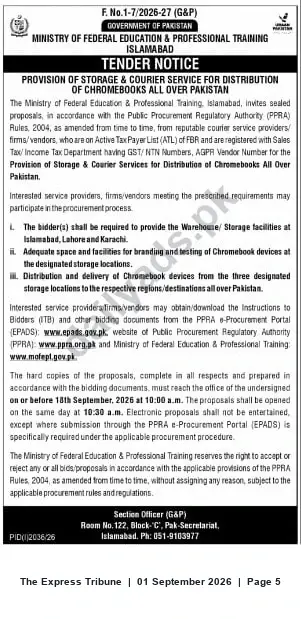 Newspaper clipping: Tender: Storage and Nationwide Courier Distribution of Chromebooks – Ministry of Federal Education & Professional Training, The Express Tribune, 01 Sep 2026