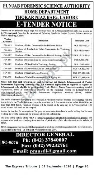 Newspaper clipping: Punjab Forensic Science Authority Lahore E-Tender Notice for Laboratory Consumables and Kits, The Express Tribune, 01 Sep 2026