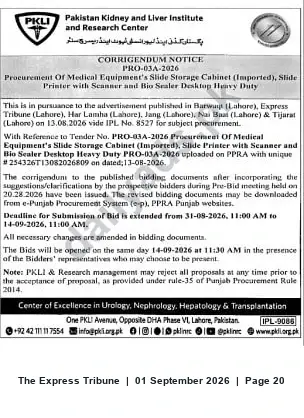 Newspaper clipping: PKLI Corrigendum — Tender PRO-03A-2026: Medical Equipment (Slide Storage Cabinet, Slide Printer, Bio Sealer) — Bid Deadline Extended, The Express Tribune, 01 Sep 2026