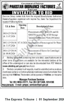 Newspaper clipping: POF Wah Cantt Tenders for MS/SS Sheets, Water Supply Items and Centrifugal Pump Sleeve, The Express Tribune, 01 Sep 2026