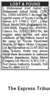 Newspaper clipping: Lost Vehicle Documents — Toyota Saloon (Model 2006, Reg. IWH-8000), The Express Tribune, 01 Sep 2026