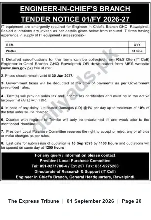 Newspaper clipping: Tender 01/FY 2026-27 — Supply of Plotter for Engineer-in-Chief's Branch, GHQ Rawalpindi, The Express Tribune, 01 Sep 2026