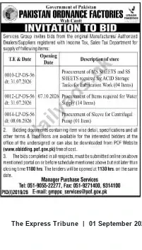 Newspaper clipping: Pakistan Ordnance Factories Wah Cantt — Invitation to Bid for MS/SS Sheets, Water Supply Items and Pump Sleeves, The Express Tribune, 01 Sep 2026