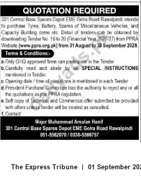 Newspaper clipping: Tender: Procurement of Tyres, Batteries & Vehicle Spares — 301 Central Base Spares Depot Rawalpindi (Tender Nos. 16-20, FY 2026-27), The Express Tribune, 01 Sep 2026