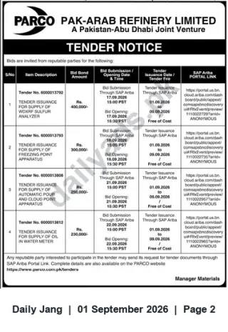 Newspaper clipping: PARCO Tender Notice — Laboratory & Testing Equipment (Sept 2026), Jang, 01 Sep 2026
