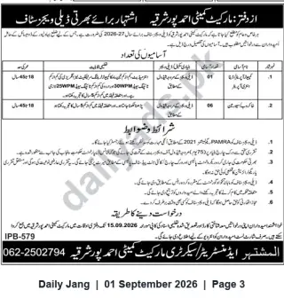 Newspaper clipping: Market Committee Ahmedpur Sharqia — Recruitment Notice for 7 Positions, Jang, 01 Sep 2026