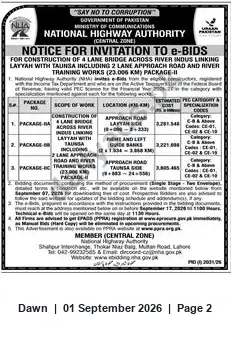 Newspaper clipping: NHA Invites e-Bids for 4‑Lane Bridge Across River Indus Linking Layyah with Taunsa (Package‑II), Dawn, 01 Sep 2026