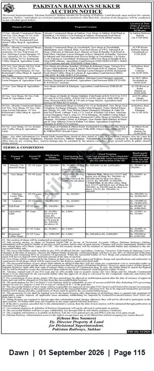 Newspaper clipping: Pakistan Railways Sukkur — Public Auction Notice for Multiple Railway Properties and Assets, Dawn, 01 Sep 2026