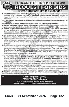 Newspaper clipping: PESCO Request for Bids for Procurement of Goods (FY 2026-27) – Ref PM4-6/2026-27, F#9446, Dawn, 01 Sep 2026