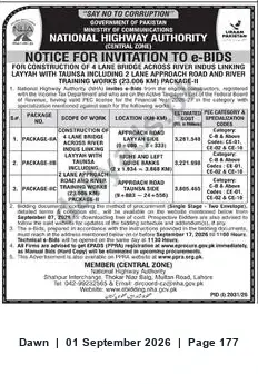 Newspaper clipping: NHA e-Bids: 4-Lane Bridge across River Indus Linking Layyah with Taunsa (Package-II), Dawn, 01 Sep 2026