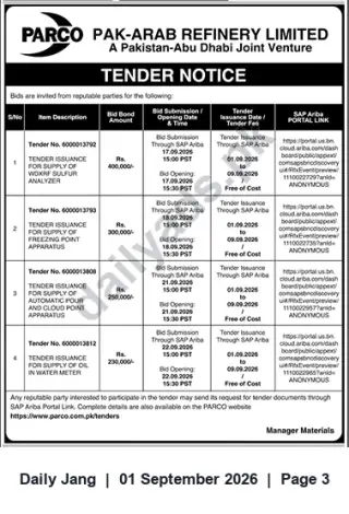 Newspaper clipping: PARCO Tender Notice — Supply of Sulfur Analyzer, Freezing Point & Pour/Cloud Point Apparatus, Oil-in-Water Meter (Sep 2026), Jang, 01 Sep 2026