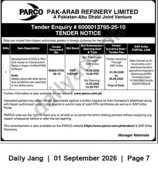 Newspaper clipping: PARCO Tender #6000013795-26-10 — Development of CDU & VOU Sub-model on Aspen Unified PIMS, Jang, 01 Sep 2026
