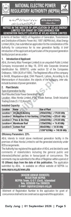 Newspaper clipping: NEPRA Notice: Atlas Energy Ltd Seeks Concurrence for 748.96 kWp Rooftop Solar Plant at Atlas Honda, S.I.T.E Karachi, Jang, 01 Sep 2026