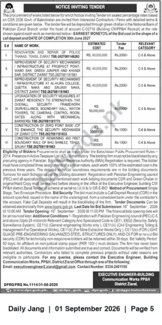 Newspaper clipping: Notice Inviting Tenders — Security, Renovation & Construction Works, District Ziarat (Govt. of Balochistan), Jang, 01 Sep 2026