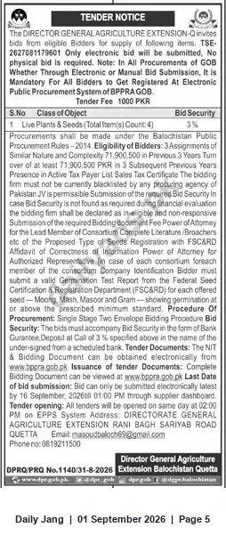 Newspaper clipping: Tender for Supply of Live Plants & Seeds — Director General Agriculture Extension, Quetta, Jang, 01 Sep 2026