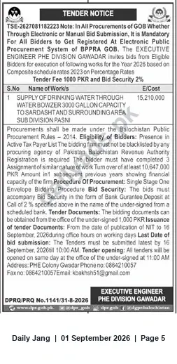 Newspaper clipping: PHE Division Gwadar Tender TSE-2627081182223 — Supply of Drinking Water via 3,000-Gallon Bowzer to Sardasht (PKR 15,210,000), Jang, 01 Sep 2026