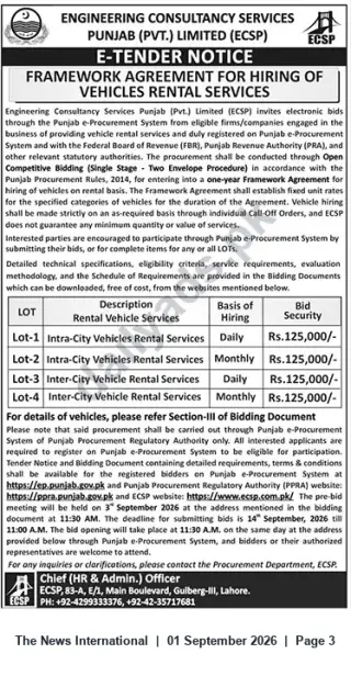 Newspaper clipping: ECSP E‑Tender: Framework Agreement for Vehicle Rental Services (Intra/Inter‑City Lots), The News International, 01 Sep 2026