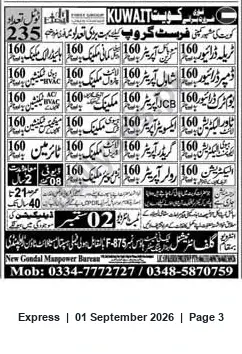 Newspaper clipping: New Gondal Manpower — Recruitment Contact for Kuwait, Express, 01 Sep 2026