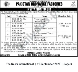 Newspaper clipping: POF Weapons Factory Wah Cantt — Invitation to Bid for Honing Shaft, Ballistol Oil, Pistol CF-98, Barrels & Cutting Tools, The News International, 01 Sep 2026