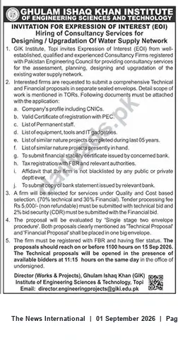 Newspaper clipping: GIK Institute EOI: Consultancy for Water Supply Network Design & Upgradation, The News International, 01 Sep 2026