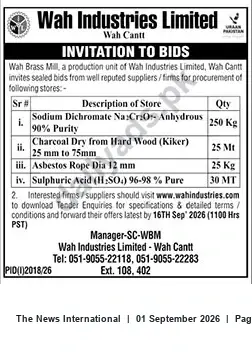 Newspaper clipping: Wah Industries Limited Tender for Supply of Chemicals & Materials — Closes 2026-09-16, The News International, 01 Sep 2026