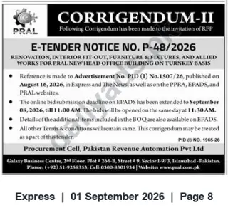 Newspaper clipping: PRAL Corrigendum II — E-Tender P-48/2026: Renovation, Interior Fit-Out & Furniture for New Head Office (Submission Extended), Express, 01 Sep 2026