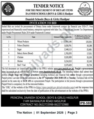 Newspaper clipping: Tender Notice — Procurement of Dietary Items for Daanish Schools (Boys & Girls), Hasilpur, The Nation, 01 Sep 2026
