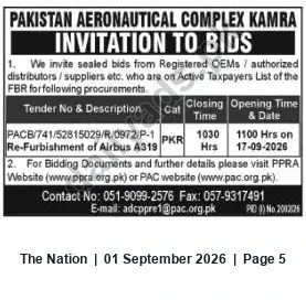 Newspaper clipping: PAC Kamra Tender: Re-Furbishment of Airbus A319 (PACB/741/52815029/R/0972/P-1), The Nation, 01 Sep 2026