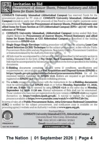 Newspaper clipping: Tender: Procurement of Answer Sheets, Printed Stationery & Allied Items — COMSATS University Abbottabad, The Nation, 01 Sep 2026