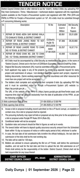 Newspaper clipping: District Council Chiniot — E-Tenders for Road Repair Works (4 Packages), Dunya, 01 Sep 2026