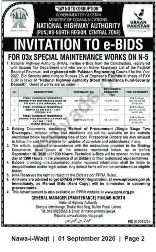 Newspaper clipping: NHA Invitation to e-Bids — 3 Special Maintenance Works on N-5 (Punjab‑North, Central Zone), Nawa-i-Waqt, 01 Sep 2026