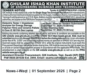 Newspaper clipping: GIK Institute Tender for Lab Equipment Supply, Installation & Training (Closing 2026-09-17), Nawa-i-Waqt, 01 Sep 2026