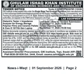 Newspaper clipping: GIK Institute Tender for Supply & Commissioning of Lab Equipment (Tender #GIKI/PD/FMCE/PSF-1153/26), Nawa-i-Waqt, 01 Sep 2026