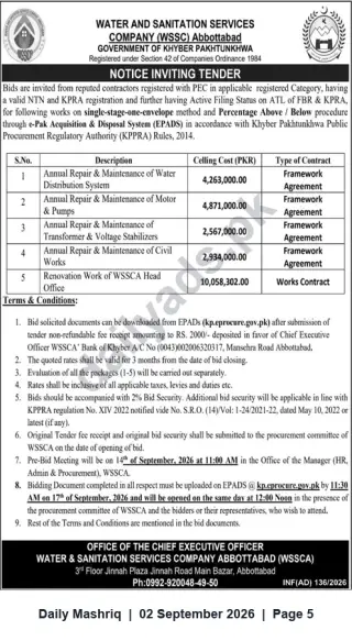 Newspaper clipping: WSSCA Abbottabad Tender: Annual Repair & Maintenance Packages and Head Office Renovation (Sept 2026), Daily Mashriq, 02 Sep 2026