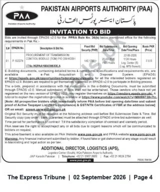 Newspaper clipping: Pakistan Airports Authority (PAA) Invitation to Bid — Procurement of Transmission Controller Module (TCM), The Express Tribune, 02 Sep 2026