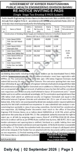 Newspaper clipping: Re-Notice Inviting E-Bids for Solar-Based Drinking Water & Sanitation Schemes — PHE Division Bannu, Daily Aaj, 02 Sep 2026